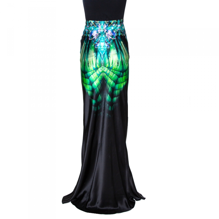 Pre Owned Roberto Cavalli Black Fluorite Crystal Printed Silk Maxi Skirt L