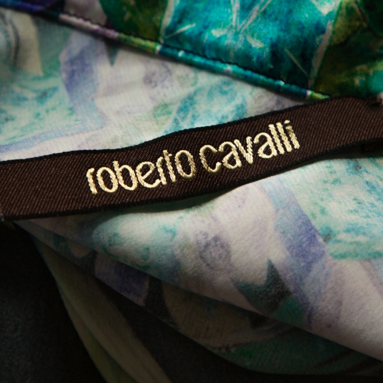 Pre Owned Roberto Cavalli Black Fluorite Crystal Printed Silk Maxi Skirt L