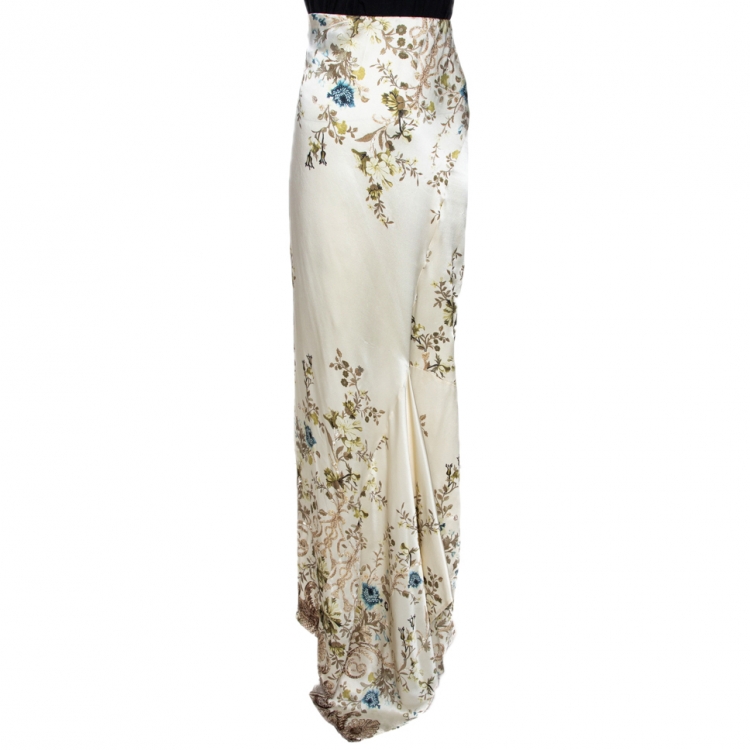 Pre Owned Roberto Cavalli Cream Floral Shimmer Print Silk Flared Maxi Skirt L