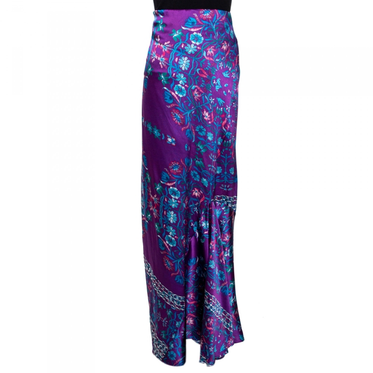 مملوكة مسبقًا Roberto Cavalli Purple Floral Print Silk Satin Flared Maxi Skirt L