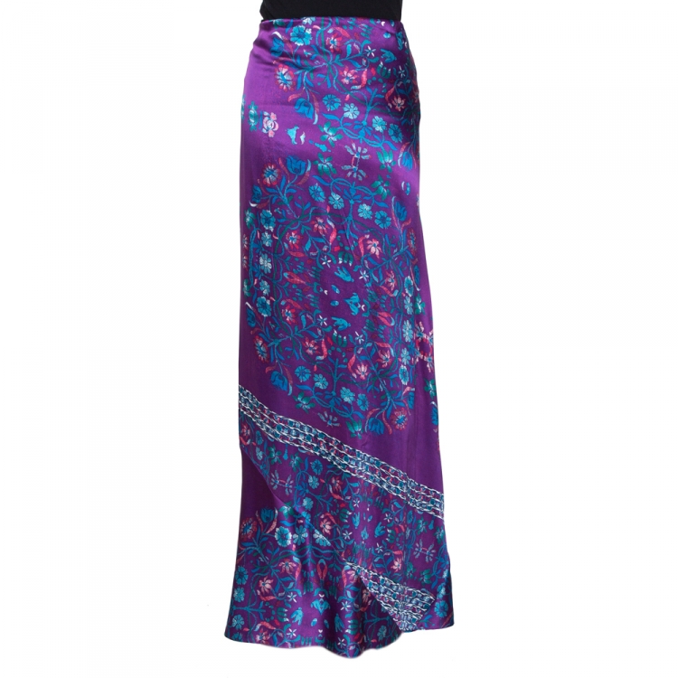 مملوكة مسبقًا Roberto Cavalli Purple Floral Print Silk Satin Flared Maxi Skirt L