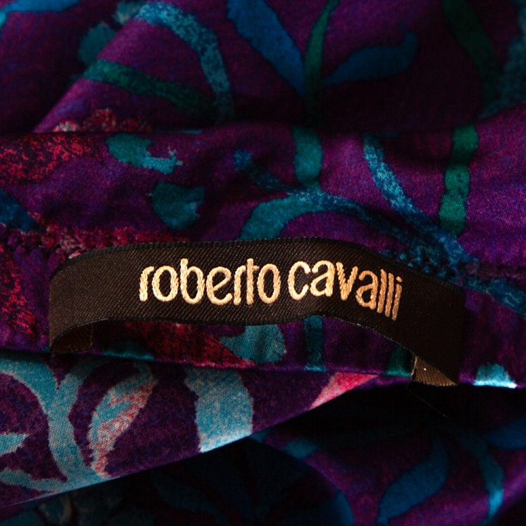 مملوكة مسبقًا Roberto Cavalli Purple Floral Print Silk Satin Flared Maxi Skirt L