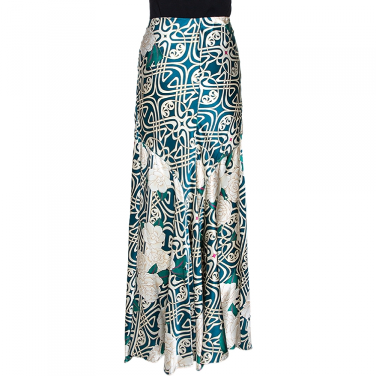 Pre Owned Roberto Cavalli Green & Cream Abstract Floral Print Silk Maxi Skirt L