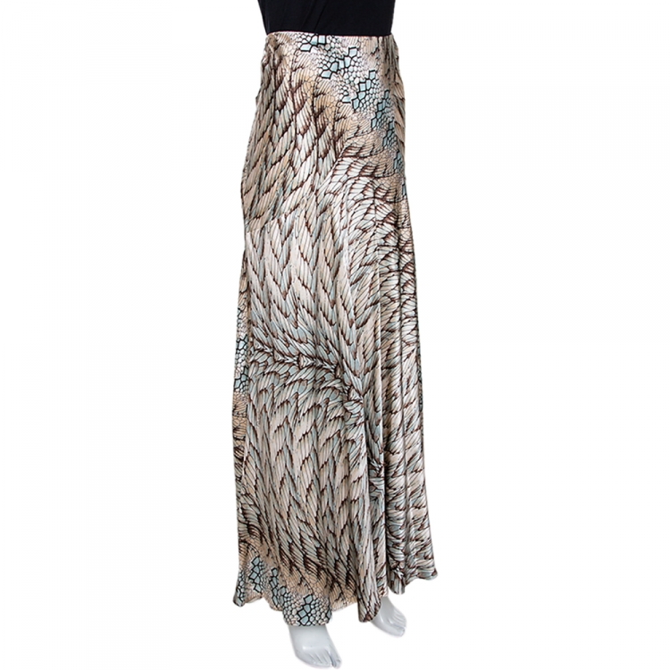 Pre Owned Roberto Cavalli Cream Feather Print Silk Flared Maxi Skirt L