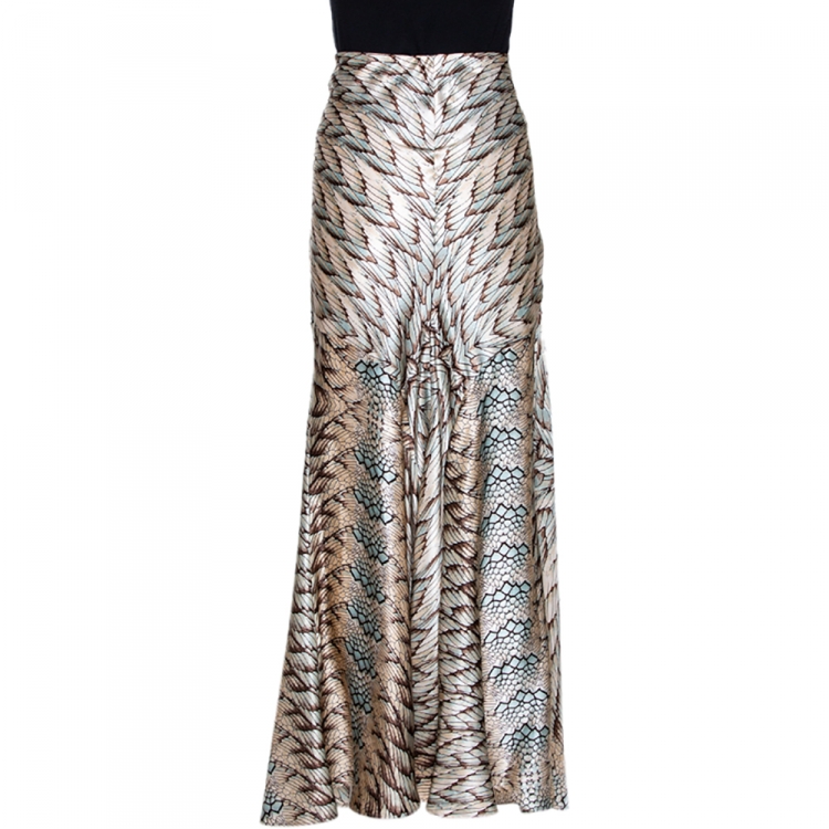 Pre Owned Roberto Cavalli Cream Feather Print Silk Flared Maxi Skirt L