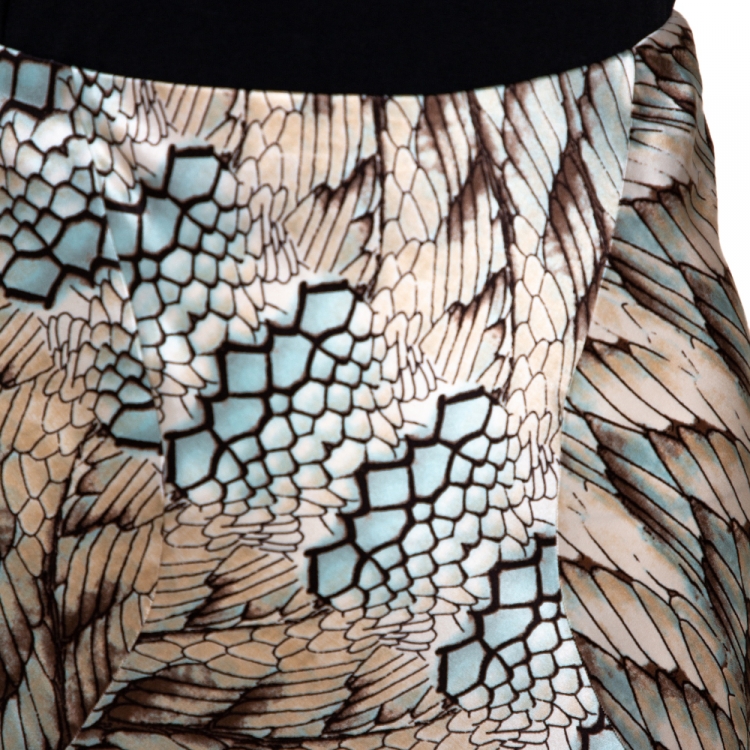 Pre Owned Roberto Cavalli Cream Feather Print Silk Flared Maxi Skirt L