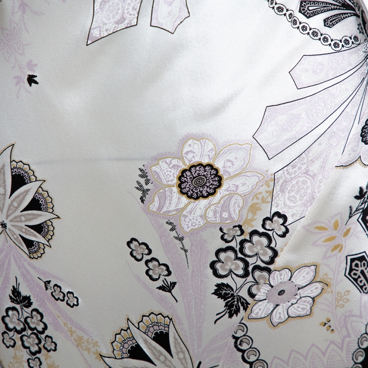 Pre Owned Roberto Cavalli Pearl White Floral Print Silk Satin Asymmetric Hem Skirt L