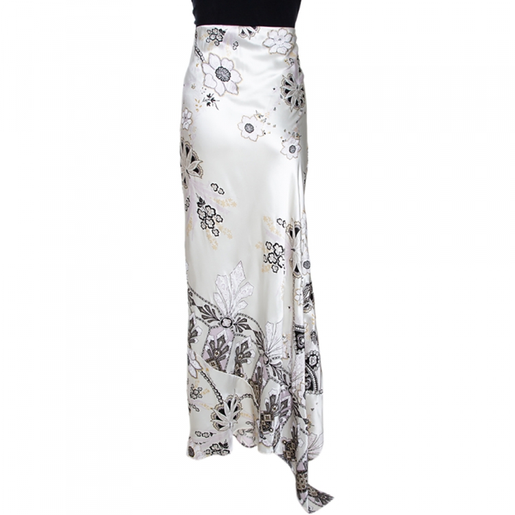 Pre Owned Roberto Cavalli Pearl White Floral Print Silk Satin Asymmetric Hem Skirt L