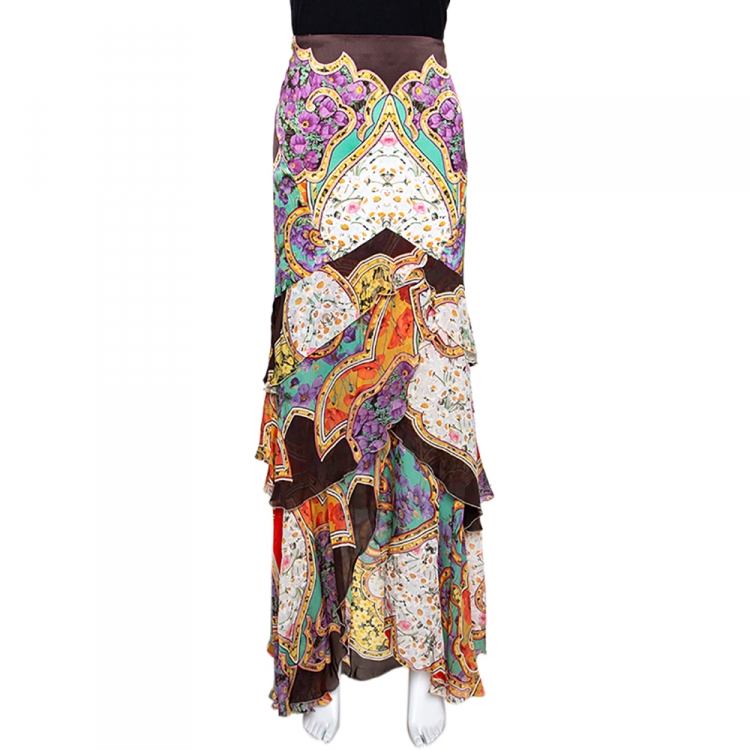 مملوكة مسبقًا Roberto Cavalli Muticolor Stretch Satin Silk Ruffle Tiered Maxi Skirt L