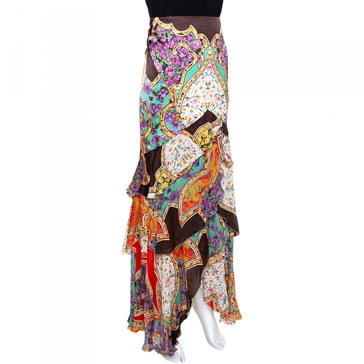 مملوكة مسبقًا Roberto Cavalli Muticolor Stretch Satin Silk Ruffle Tiered Maxi Skirt L