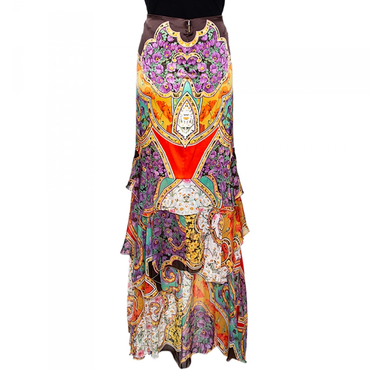 مملوكة مسبقًا Roberto Cavalli Muticolor Stretch Satin Silk Ruffle Tiered Maxi Skirt L