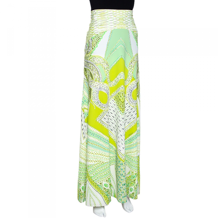 Pre Owned Roberto Cavalli Green Serpenti Print Stretch Jersey Flared Maxi Skirt L