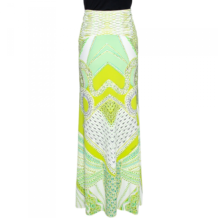 Pre Owned Roberto Cavalli Green Serpenti Print Stretch Jersey Flared Maxi Skirt L