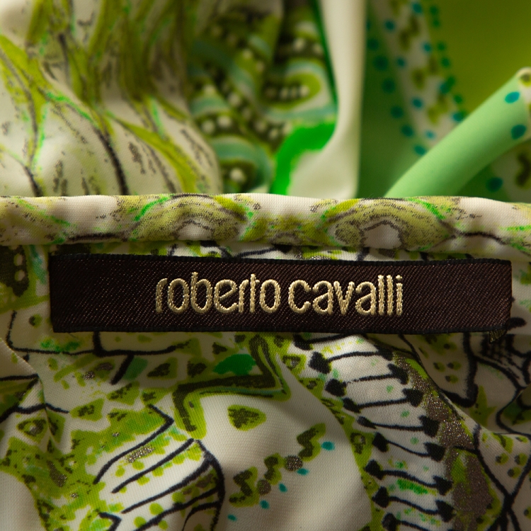 Pre Owned Roberto Cavalli Green Serpenti Print Stretch Jersey Flared Maxi Skirt L