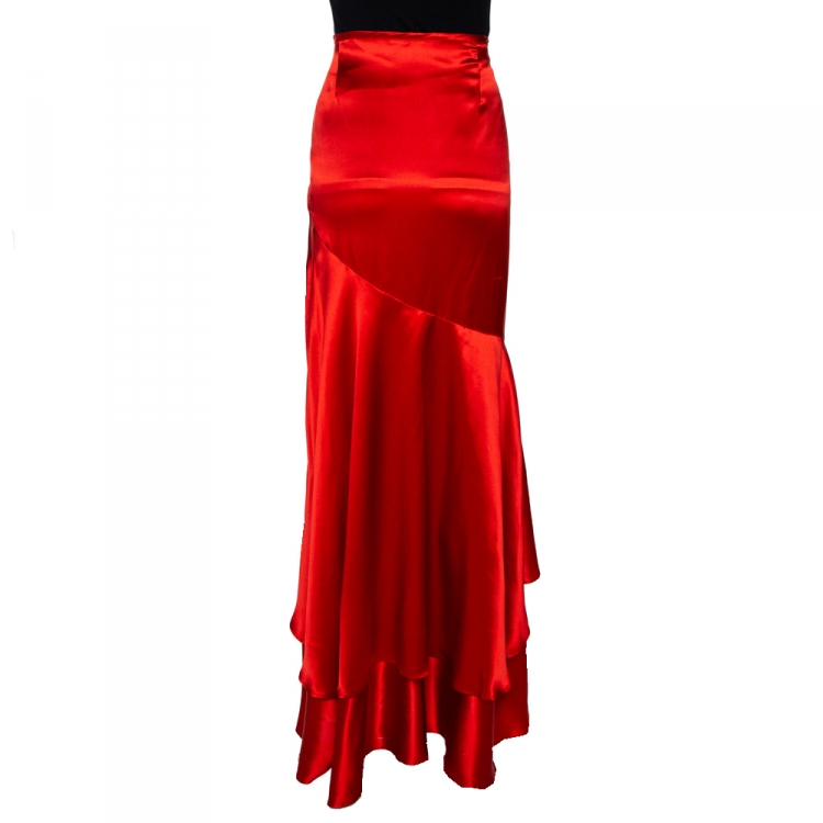 Pre Owned Roberto Cavalli Red Satin Silk Ruffle Tiered Maxi Skirt L