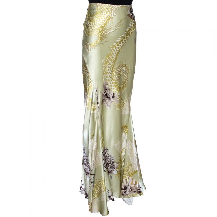 Pre Owned Roberto Cavalli Pale Green Dragon Print Silk Satin Flared Maxi Skirt L