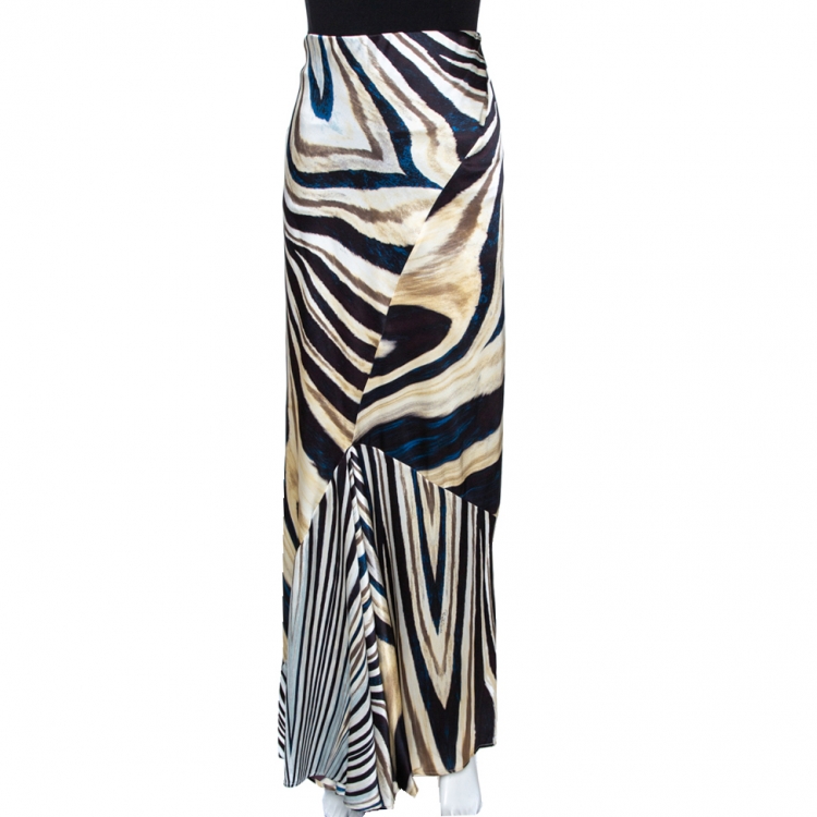 Pre Owned Roberto Cavalli Multicolor Stripe Print Silk Satin Flared Maxi Skirt L