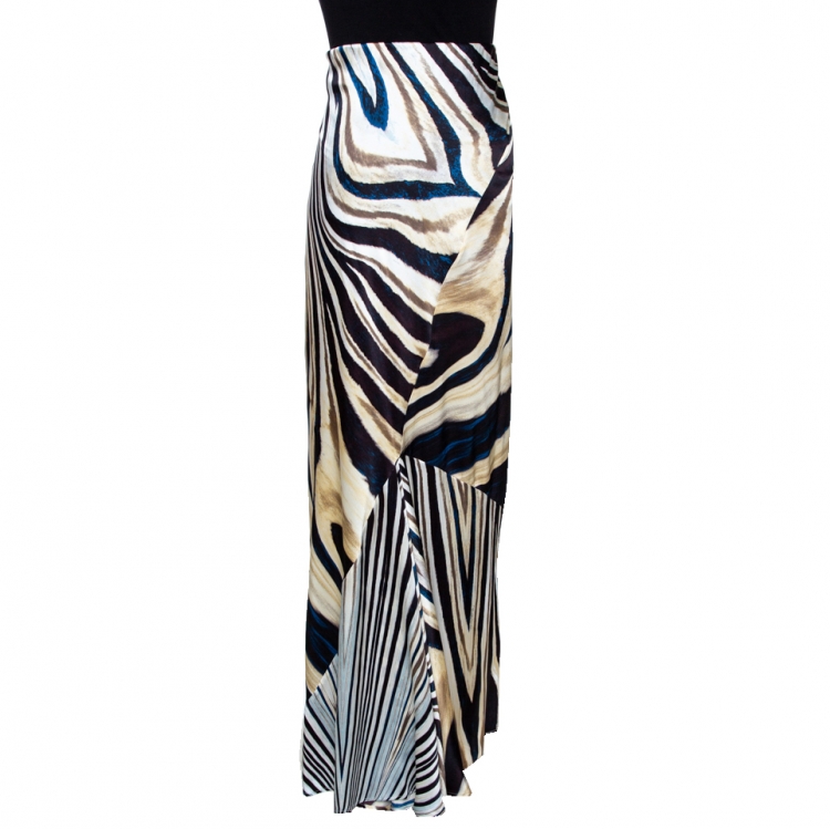 Pre Owned Roberto Cavalli Multicolor Stripe Print Silk Satin Flared Maxi Skirt L