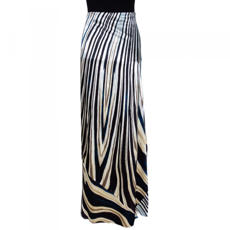 Pre Owned Roberto Cavalli Multicolor Stripe Print Silk Satin Flared Maxi Skirt L
