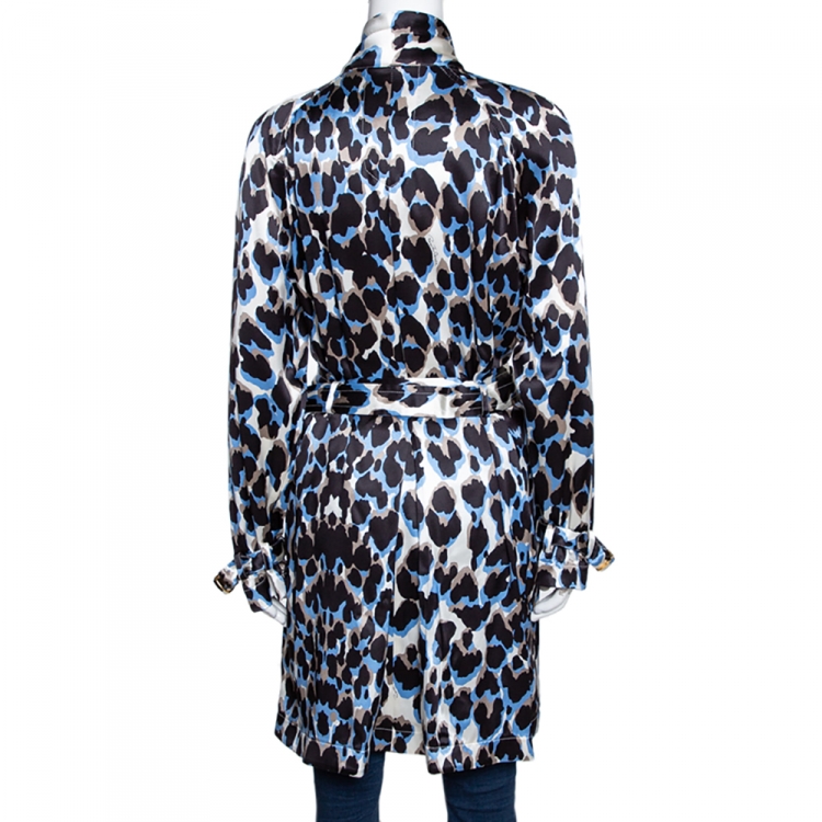 Pre Owned Roberto Cavalli Black & Blue Animal Printed Silk Belted Dress M