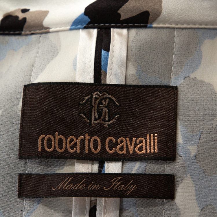 Pre Owned Roberto Cavalli Black & Blue Animal Printed Silk Belted Dress M
