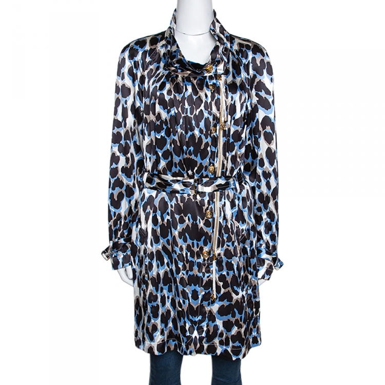 Pre Owned Roberto Cavalli Black & Blue Animal Printed Silk Belted Dress M