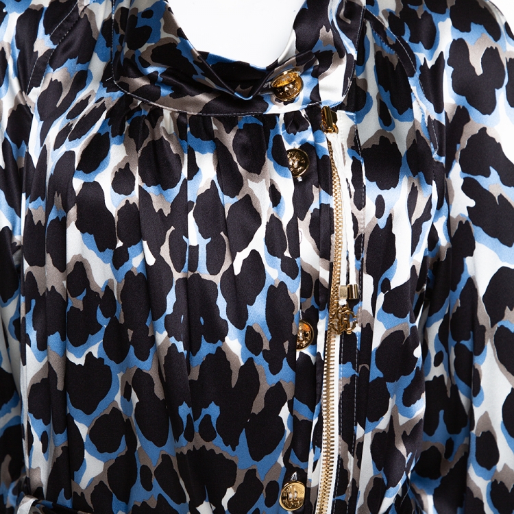 Pre Owned Roberto Cavalli Black & Blue Animal Printed Silk Belted Dress M