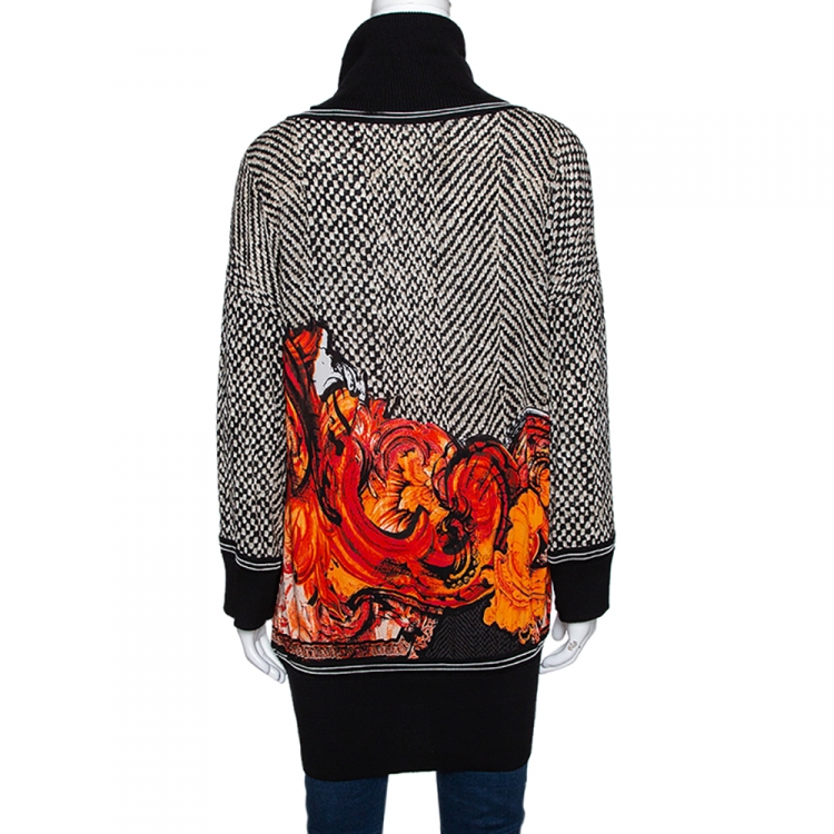 Pre Owned Roberto Cavalli Black & Orange Printed Silk and Rib Knit Trim Turtle Neck Top L
