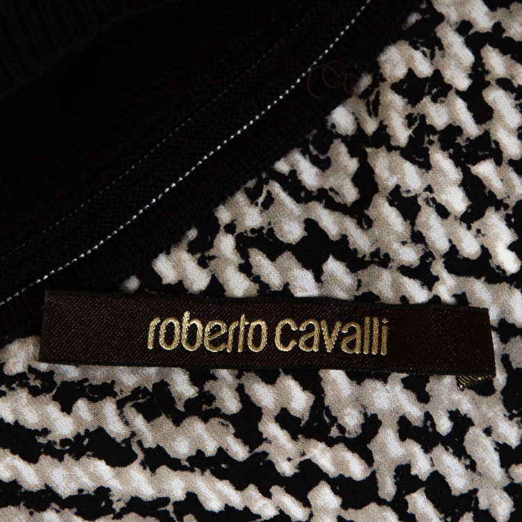 Pre Owned Roberto Cavalli Black & Orange Printed Silk and Rib Knit Trim Turtle Neck Top L