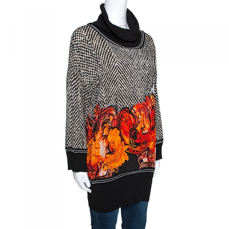 Pre Owned Roberto Cavalli Black & Orange Printed Silk and Rib Knit Trim Turtle Neck Top L