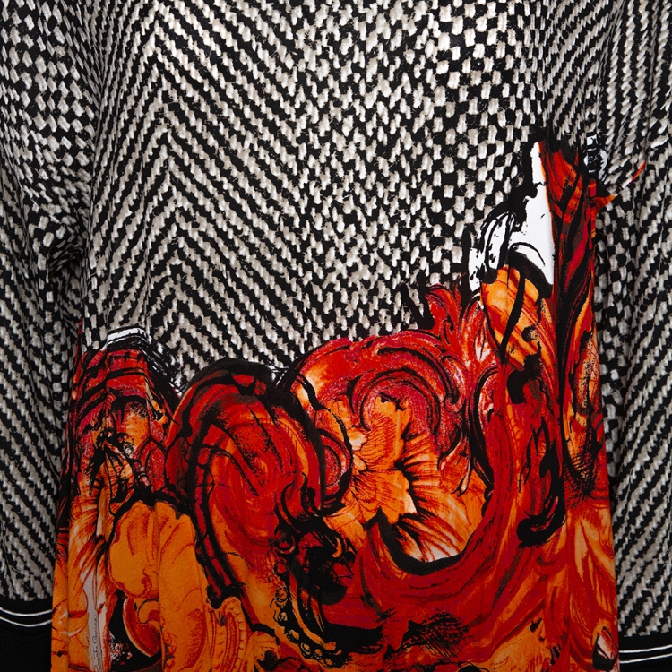 Pre Owned Roberto Cavalli Black & Orange Printed Silk and Rib Knit Trim Turtle Neck Top L