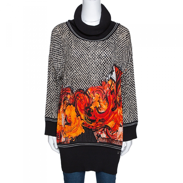 Pre Owned Roberto Cavalli Black & Orange Printed Silk and Rib Knit Trim Turtle Neck Top L