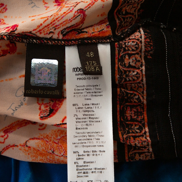 Pre Owned Roberto Cavalli Black & Orange Printed Silk and Rib Knit Trim Turtle Neck Top L
