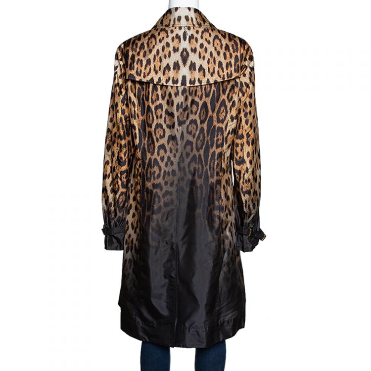 Pre Owned Roberto Cavalli Beige & Black Ombre Leopard Printed Silk Trench Coat L