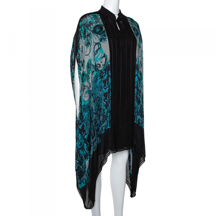 Pre Owned Roberto Cavalli Teal Silk & Knit Trim Kaftan Dress M