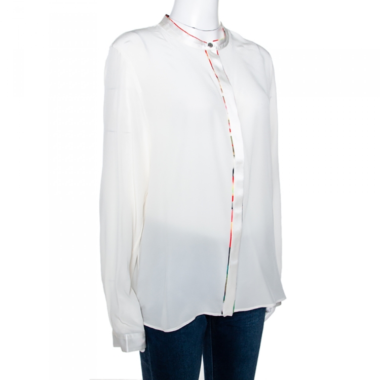 Pre Owned Roberto Cavalli Cream Silk Contrast Floral Piping Detail Blouse L