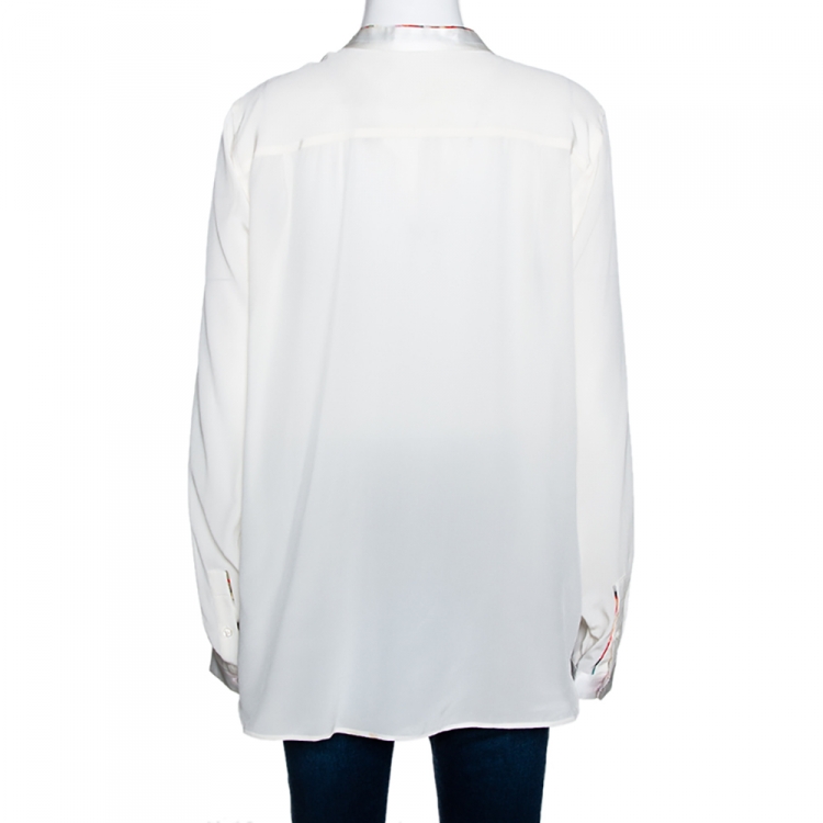 Pre Owned Roberto Cavalli Cream Silk Contrast Floral Piping Detail Blouse L