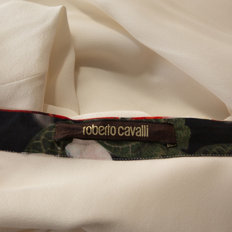 Pre Owned Roberto Cavalli Cream Silk Contrast Floral Piping Detail Blouse L