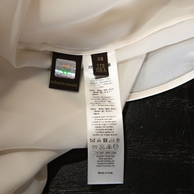 Pre Owned Roberto Cavalli Cream Silk Contrast Floral Piping Detail Blouse L
