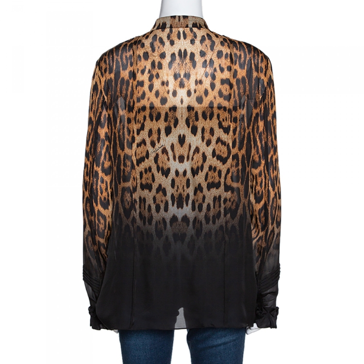 Pre Owned Roberto Cavalli Beige & Black Ombre Leopard Printed Silk Ruffled Blouse L