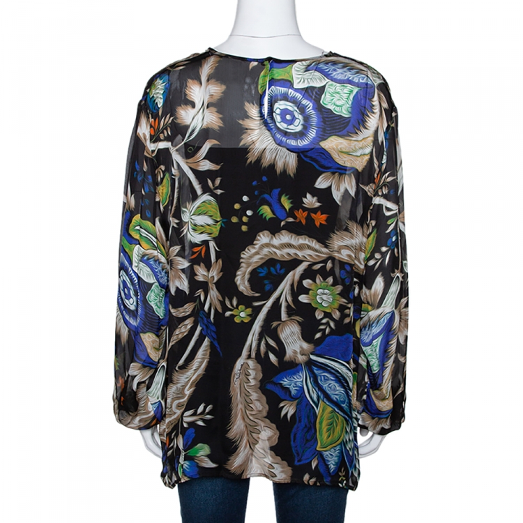 Pre Owned Roberto Cavalli Multicolor Printed Silk Sheer Blouse L