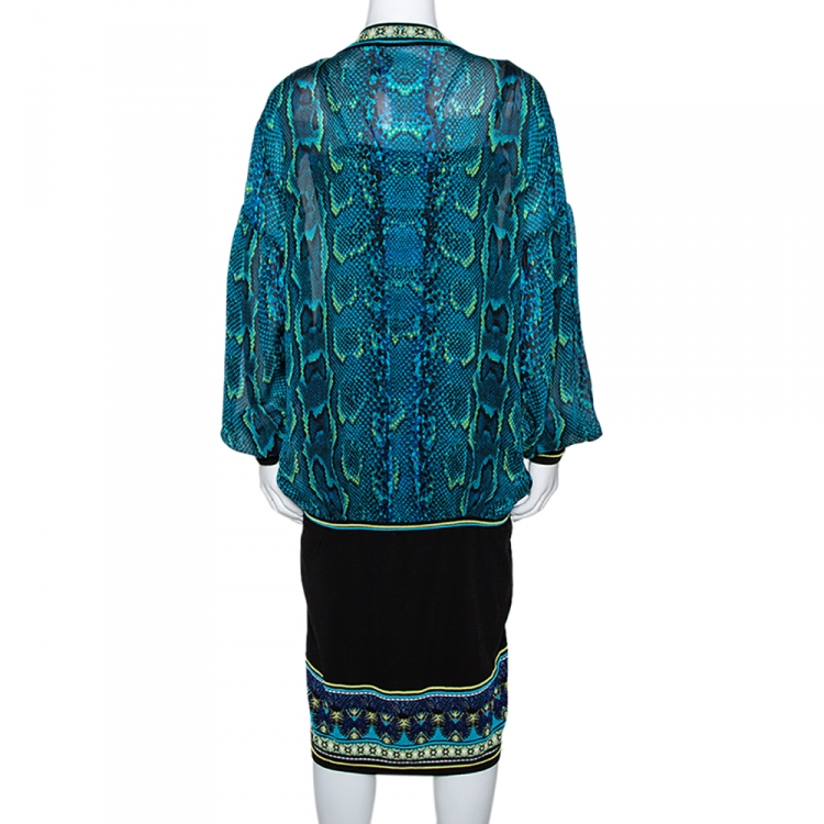 Pre Owned Roberto Cavalli Blue Snake Print Silk Fitted Hem Dress L