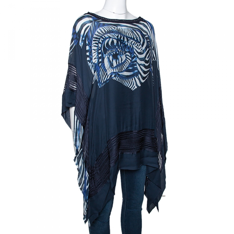 Pre Owned Roberto Cavalli Navy Blue Printed Silk Kaftan Top M