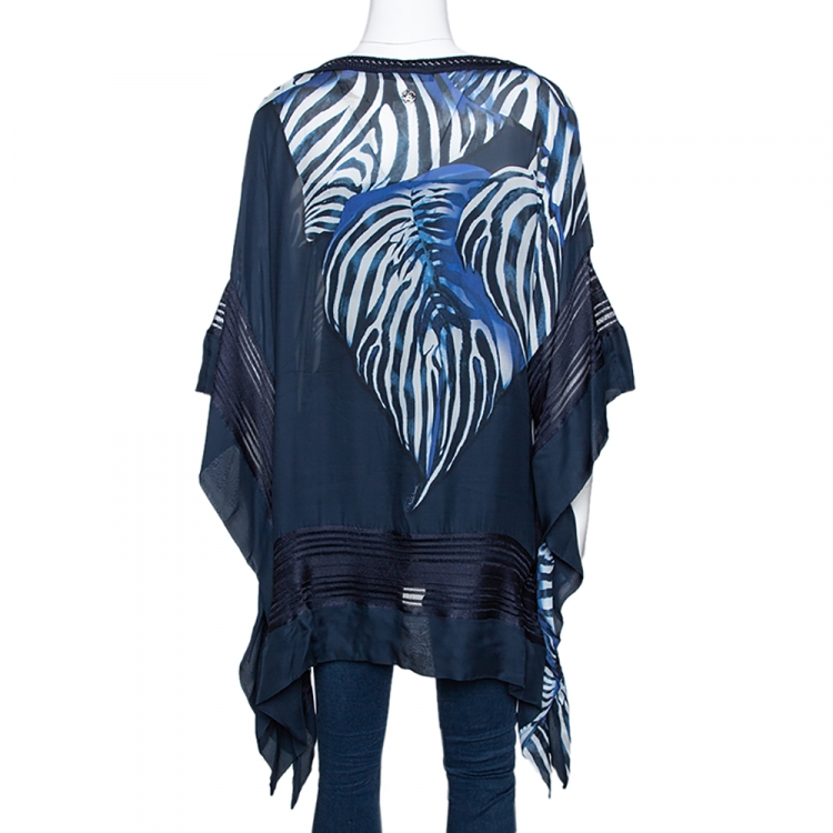 Pre Owned Roberto Cavalli Navy Blue Printed Silk Kaftan Top M