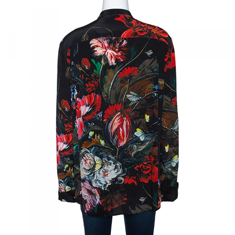 Pre Owned Roberto Cavalli Black Floral Print Silk Python Skin Trim Blouse L