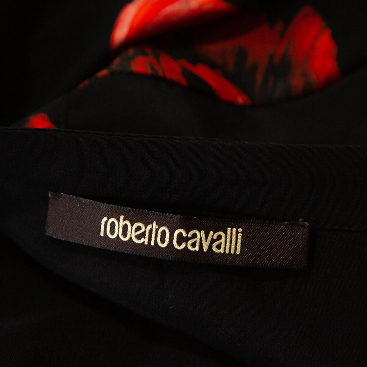 Pre Owned Roberto Cavalli Black Floral Print Silk Python Skin Trim Blouse L