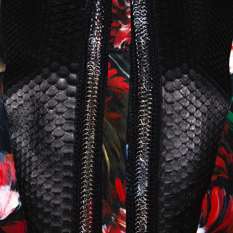 Pre Owned Roberto Cavalli Black Floral Print Silk Python Skin Trim Blouse L