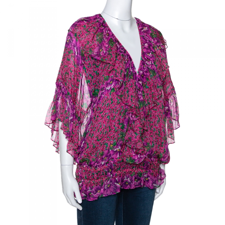 Pre Owned Roberto Cavalli Pink Floral Print Silk Ruffled Sheer Blouse M