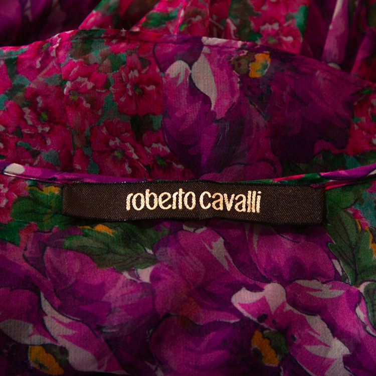 Pre Owned Roberto Cavalli Pink Floral Print Silk Ruffled Sheer Blouse M