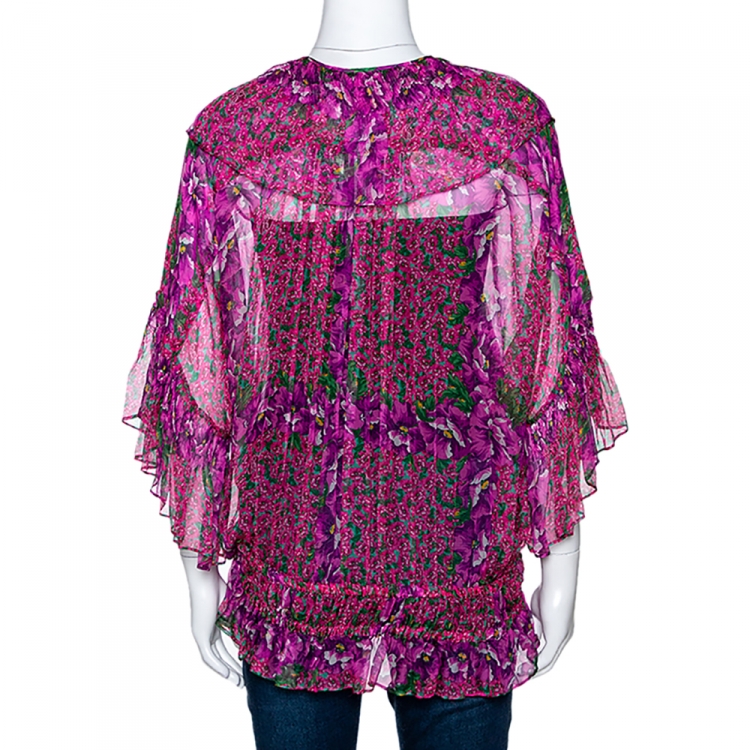 Pre Owned Roberto Cavalli Pink Floral Print Silk Ruffled Sheer Blouse M